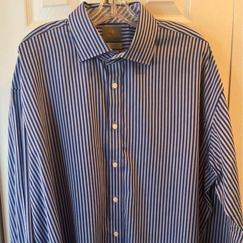Men's Thomas Dean Big & Tall Blue Jacquard Stripe Button Down Sport Shirt (2XLB)